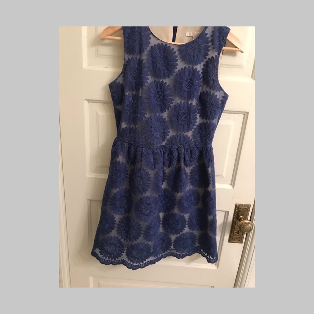 Blue Flower Sheer Overlay Scallop Hem Dress